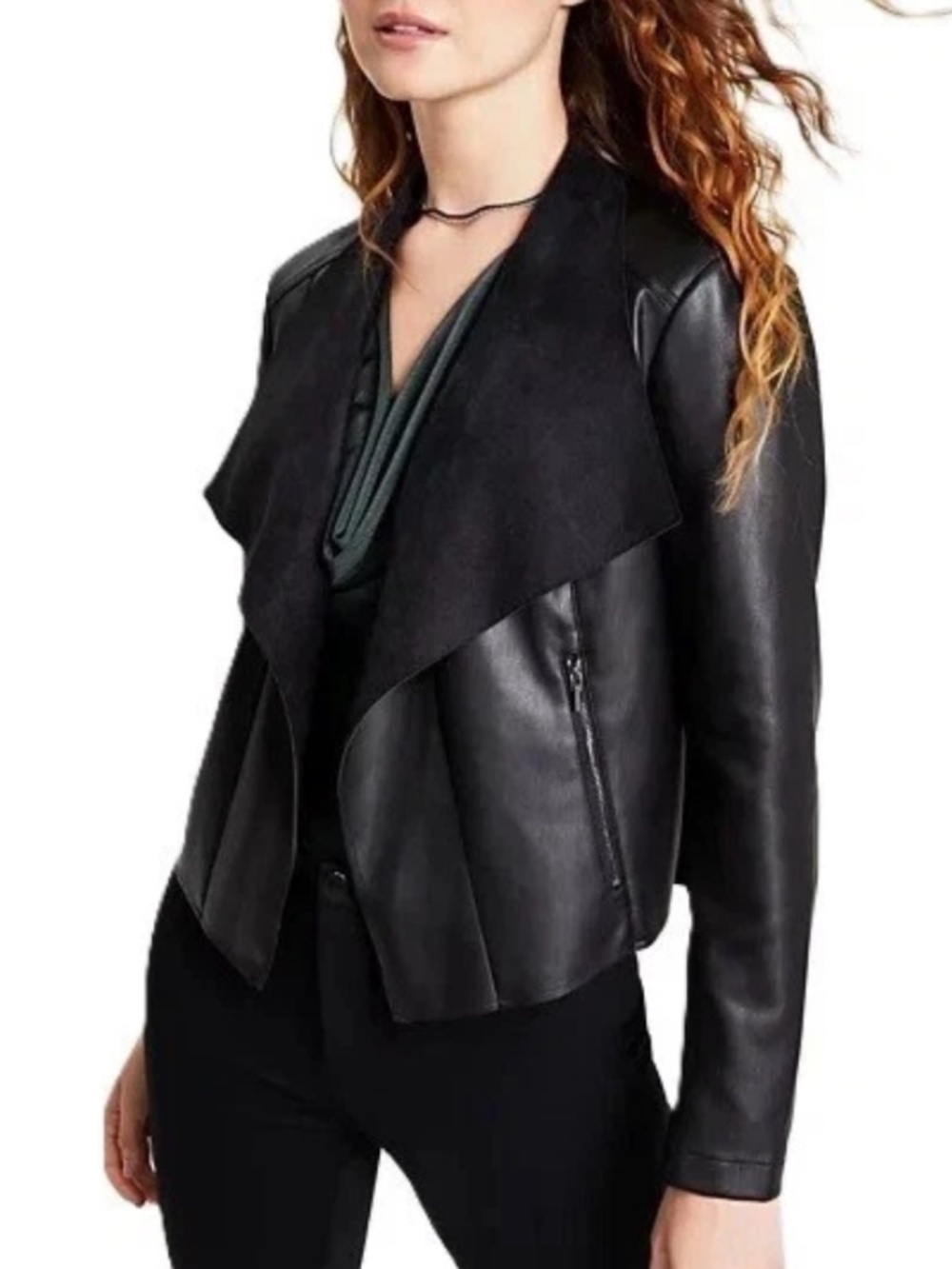 Bar III Faux Leather Flyaway Jacket Black Size S Draped Open Front Moto Coat